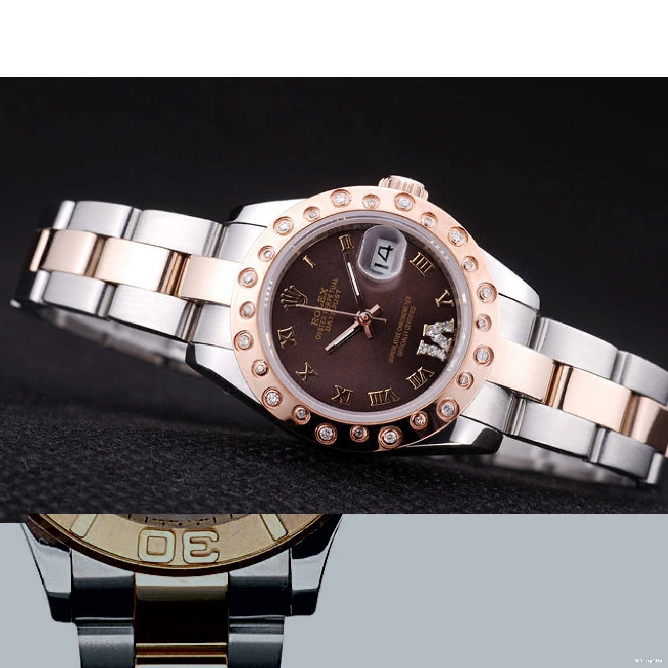 Aaa fake watches 7475 Bezel Dial Datejust Gold Brown Diamonds Rose Rolex Polished 0719